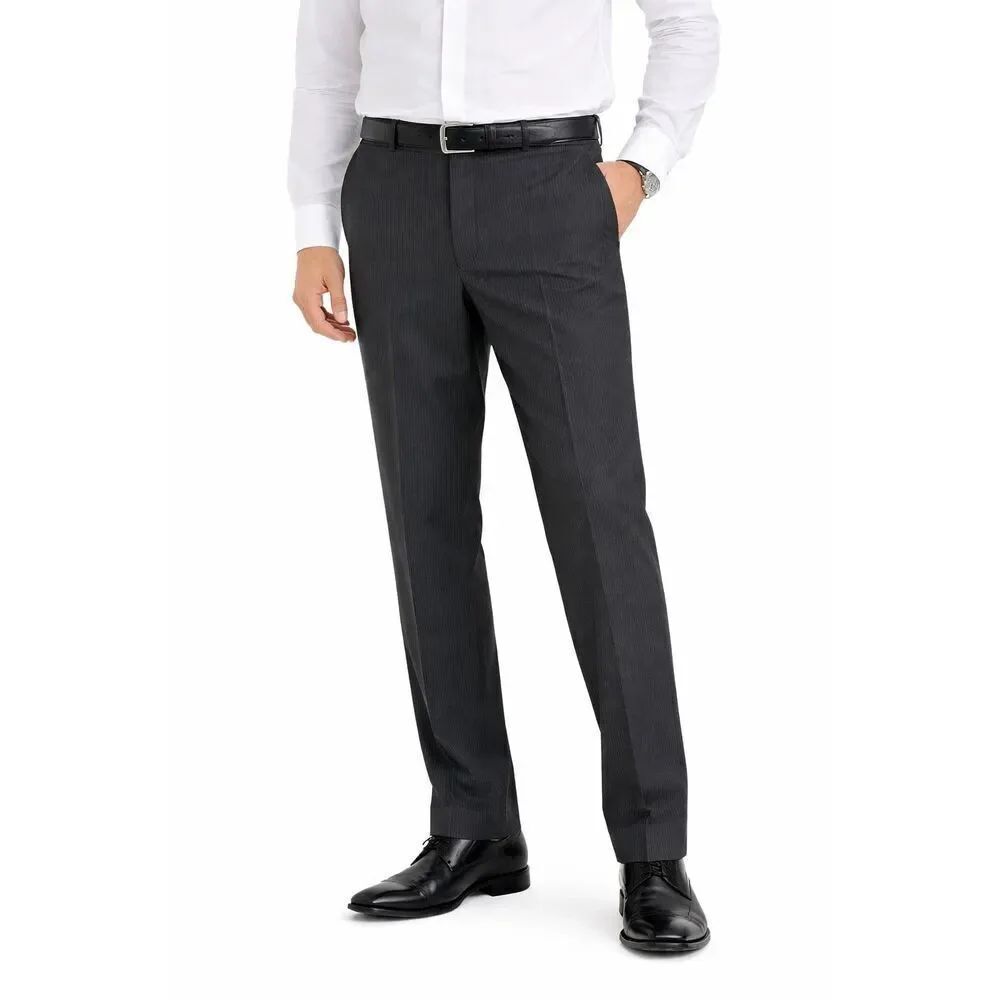 Haggar H26 Dress Pants 34x34 Charcoal Gray Pinstripe Flat Front Mens Slacks